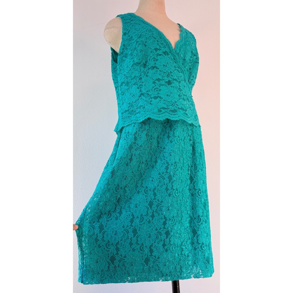 Vintage 90s Lauren‎ Ralph Lauren Teal Blue Floral Lace Cocktail Dress Size 12
